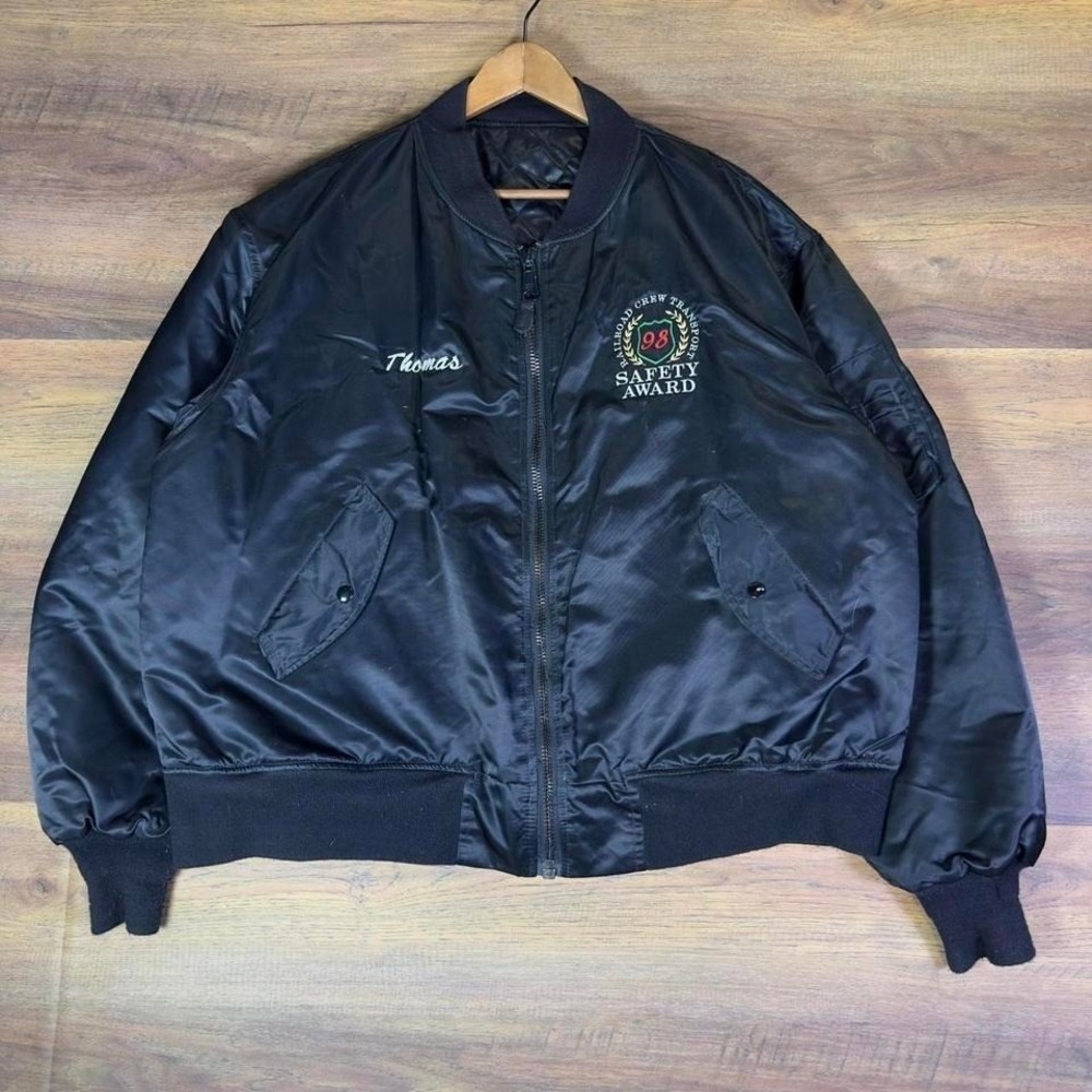 Vintage‎ Safety Award Bomber Jacket Black Embroidered XXL